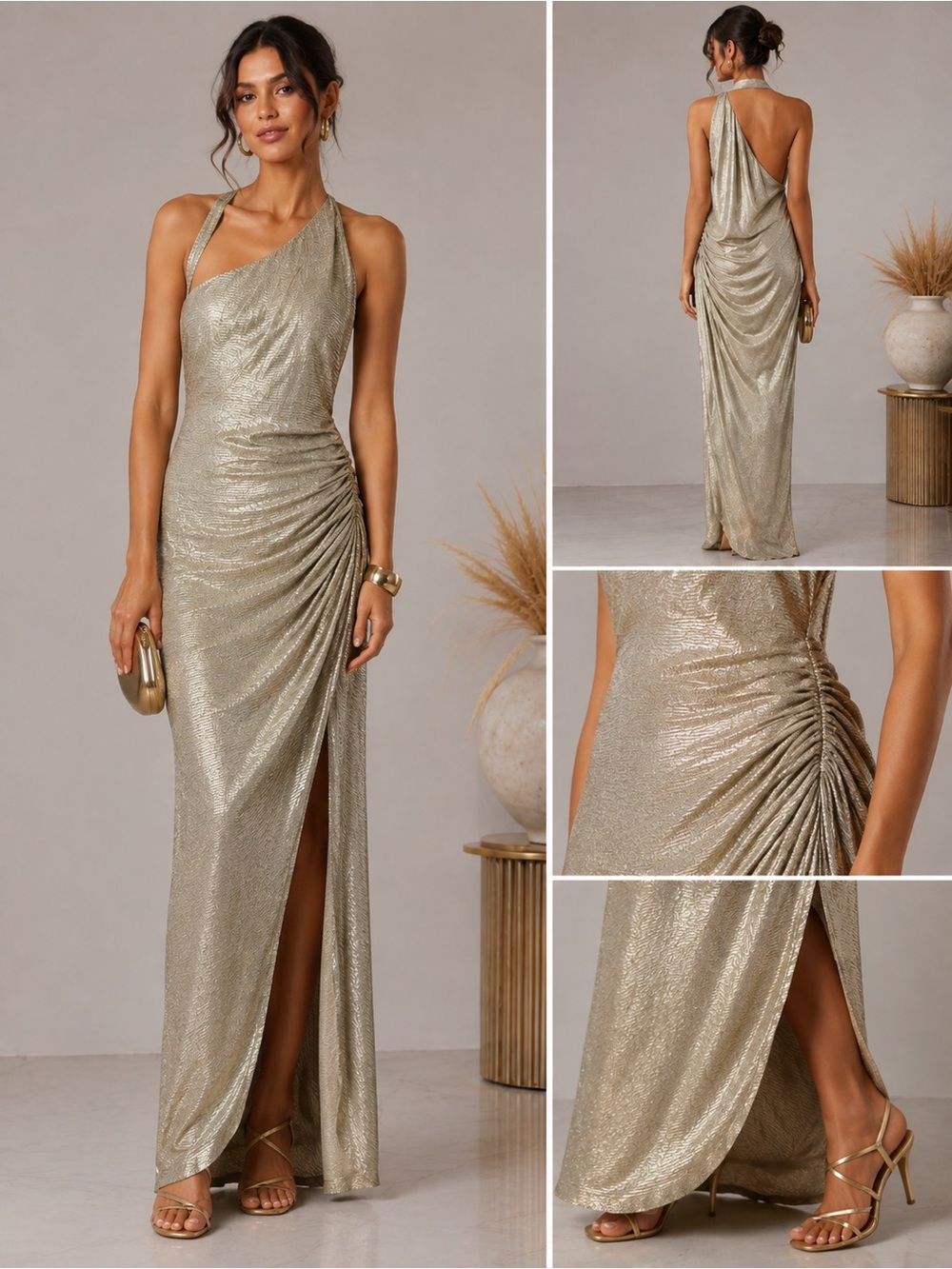 Candalite Metallic Gold One Shoulder Ruched Maxi Gown XL NWT